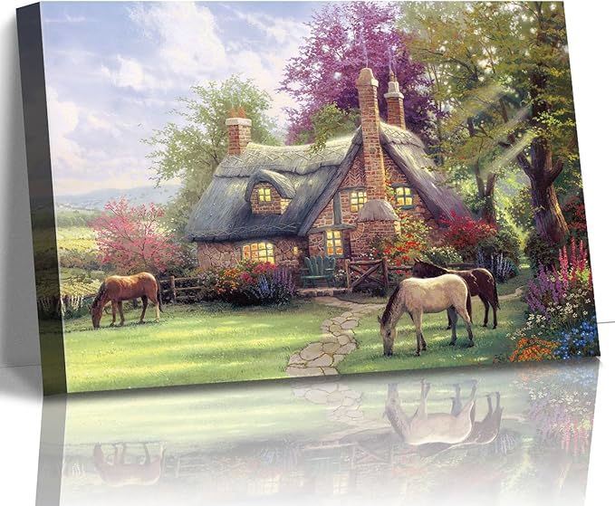 STUDIO HAVEN Thomas Kinkade Canvas Wall Art, Stone Thatched Cottage Grazing Horses Flower Garden and Sunny Meadow Oil Painting Poster Rustic Wall Decor, Framed Prints for Home Decor, 40x28Inch