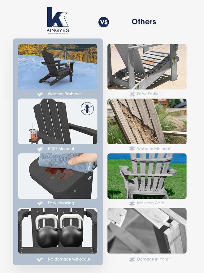 KINGYES Folding Adirondack Chair, HDPE All-Weather Patio Chairs with Cup Holder, Wooden Textured Fire Pit Chairs for Poolside, Backyard, Deck, Grey