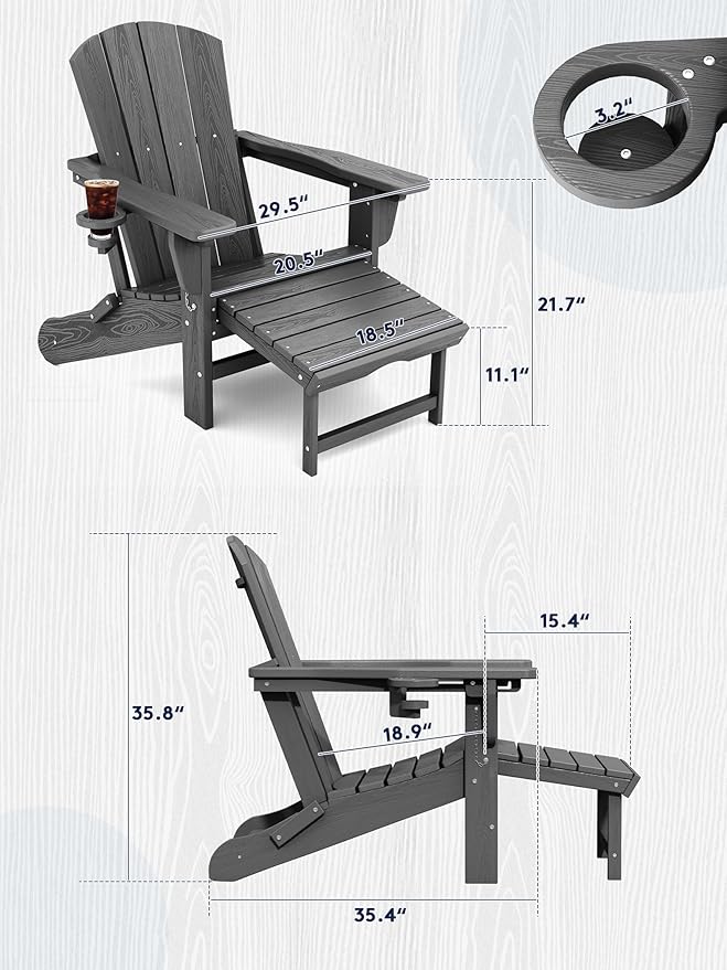 KINGYES Folding Adjustable Adirondack Chair with Retractable Ottoman Set of 6, HDPE All Weather Chair with Cup Holder - Recliner Adirondack Chair, Grey