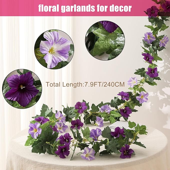 JUSTOYOU Artificial Vines Purple Flower Garland Morning Glory Vine for Outdoor Hanging Floral Vines Fake Plant for Home Decor Wall Fence Stairway Indoor Outdoor Wedding Hanging Baskets(2 Pcs)