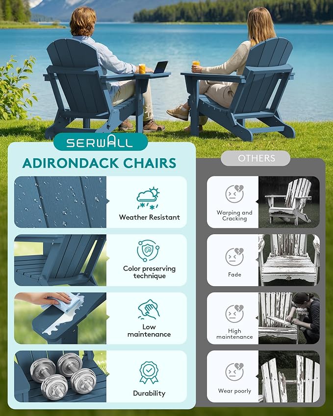 SERWALL Folding Adirondack Chair, Patio Adirondack Chairs with 4 in 1 Cup Holder, Weather Resistant Patio Chair, Plastic Fire Pit Chair for Outdoor, Garden, Backyard, Deck - Blue