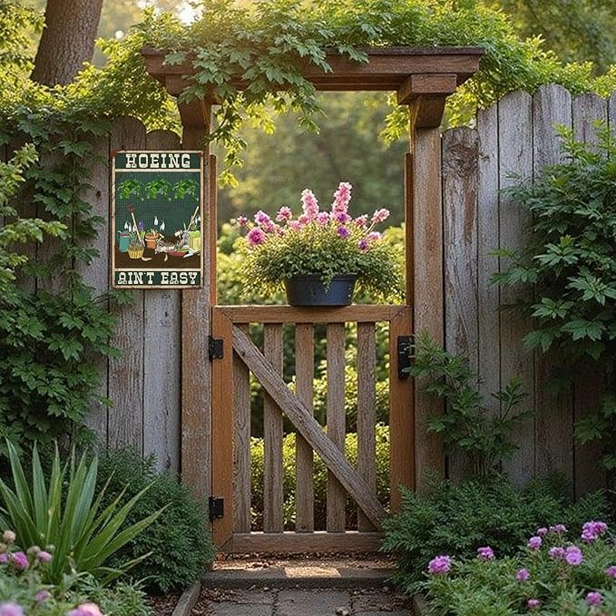 Funny Garden Signs for Outside Hoeing Ain't Easy Metal Tin Sign Personalized Decor Gift for Women Outdoor Yard & Shed Gardening Signs Garden Stuff for Outside 8x12 Inch
