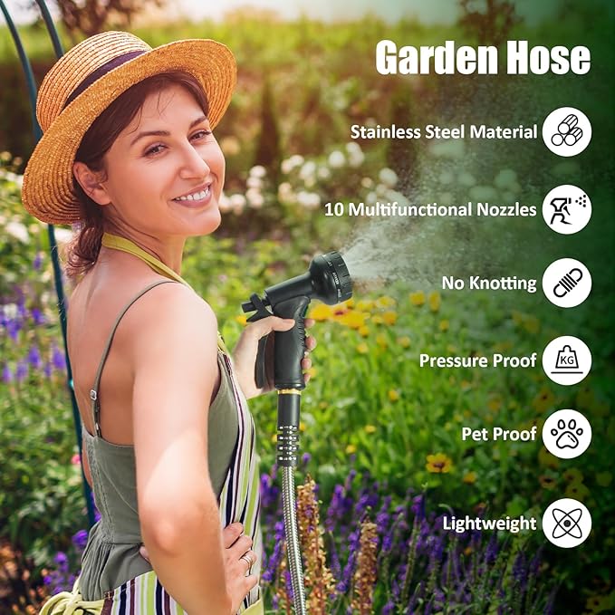 Garden Hose 50 FT, Stainless Steel Heavy Duty Water Hose With 10 Function Nozzles, Flexible No-Kink, Pet-Proof, Puncture-Proof Rust-Proof for Yard, Outdoors