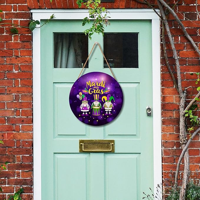 Happy Mardi Gras Door Sign For Front Door Decor,Purple Masquerade Gnomes Wooden Sign 12"x 12" Round Wood Hanging Door Sign Carnival Party Decoration for Wall Rustic Farmhouse Decor