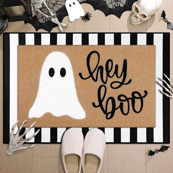 Tinideya 2 Pcs Halloween Doormat Hey Boo Ghost Outdoor Welcome Mats for Front Door Non Slip Ghost Coir Floor Mat Black White Stripe Halloween Rug for Outside Front Porch Entryway Decor