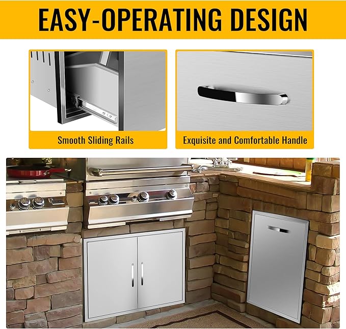 Built-in Double Trash Drawer 16" W x 22.3" H x 18" D, Pull-Out Tray Outdoor Kitchen Stainless Steel Trash Drawer Storage Two Trash Bins for BBQ Island Grill Station