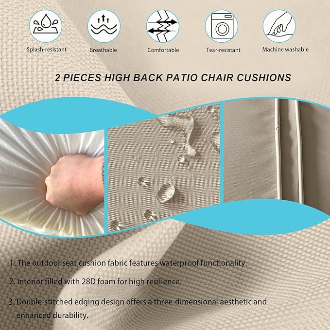 2 Pieces High Back Patio Chair Cushions, Fade Resistant Outdoor Rocking Chair Cushions, Office Chair Back Support Cushion (Khaki, Seat (21''x21''x3'')+Backrest (21''x28''x3''))