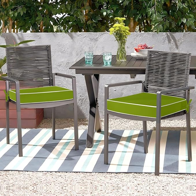 Waterproof Outdoor Chair Cushions Set of 2, Square Outdoor Seat Cushions with Ties and Removable Covers, 22 x 22 Outdoor Cushions for Patio Furniture with Portable Handle(Grass Green/White)