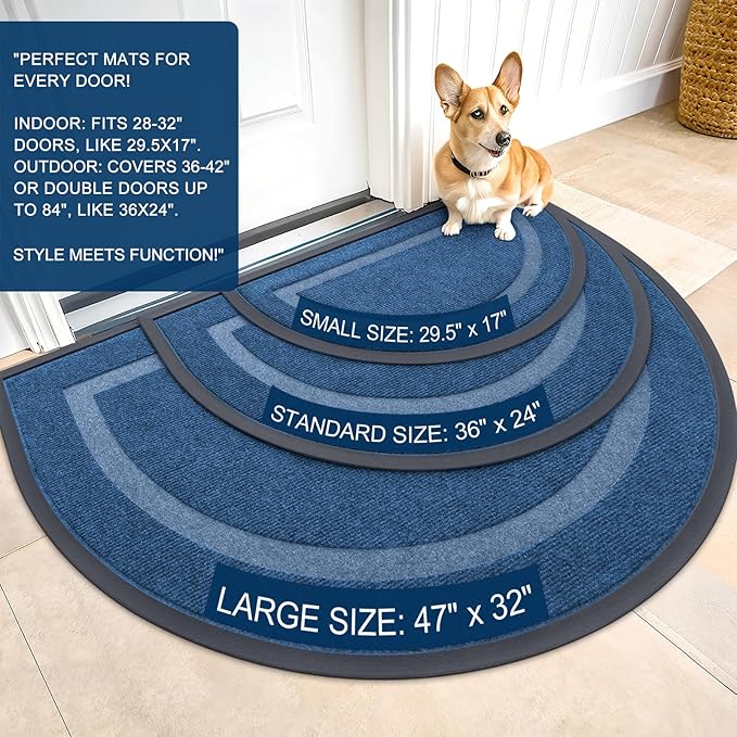 OLANLY Half Circle Door Mat Indoor Outdoor Entrance Welcome, Waterproof All-Season, All-Weather Doormat, Sturdy Natural Rubber, Low Profile, Easy Clean Patio Porch Entryway Mat, 35x23, Light Blue