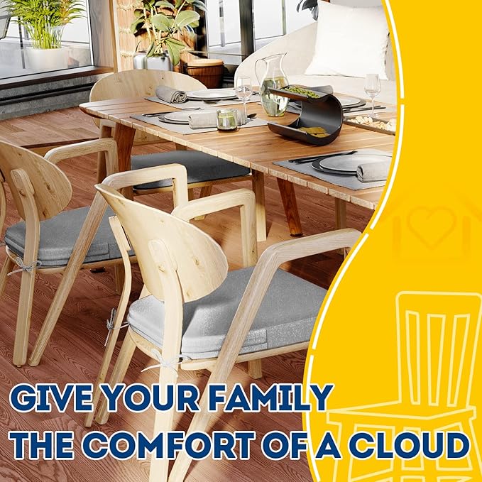 AAAAAcessories D-Shaped Chair Cushions, 2" Thick Dining Chair Pads with Ties and Removable, Machine-Washable Cover, 17" x 16", Set of 6, Light Gray