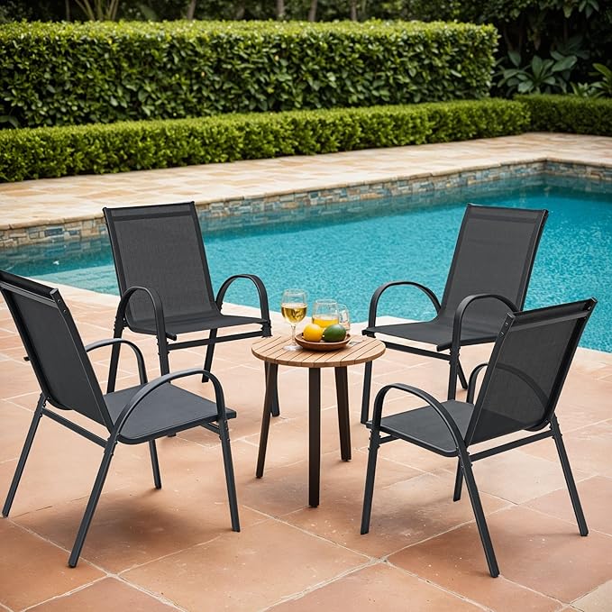 Devoko 4-Pack Stackable Patio Chairs Heavy-Duty Rust-Resistant Outdoor Dining Chairs with Ultra-Comfort Textilene Fabric for Deck, Porch, Garden & Balcony (Black)