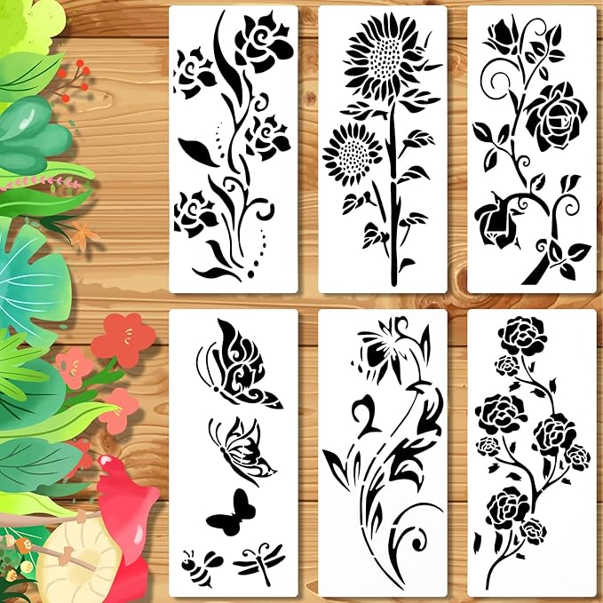 6pcs Garden Fence Large Flower Stencils, Flower Painting Wood Template Floral Drawing Stencils Wall Stencils for Crafts Reusable Outdoors Wall Decoration Home Floor Decor Drawing Supplies