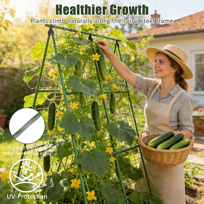 Miory Cucumber Trellis for Raised Beds, 2 Pack 32 x 48 Inch Metal A-Frame Garden Trellis, Connectable to 63 Inch Length, Climbing Plant Support with Netting for Cucumber Tomato Bean Pea