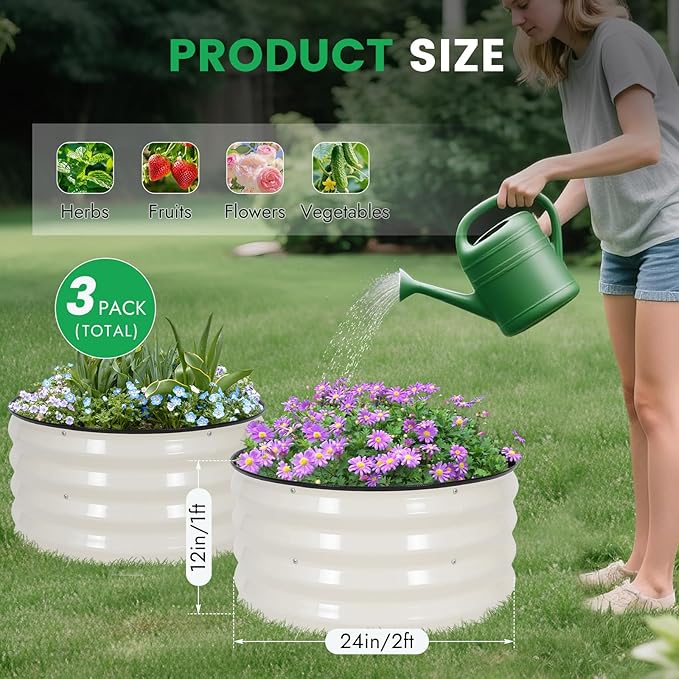INNO STAG 3 Pcs Round Galvanized Raised Garden Bed — 2×2×1ft Planter Box Outdoor Raised Beds Kit for Gardening Vegetables, Fruits, Herbs, and Flowers, White