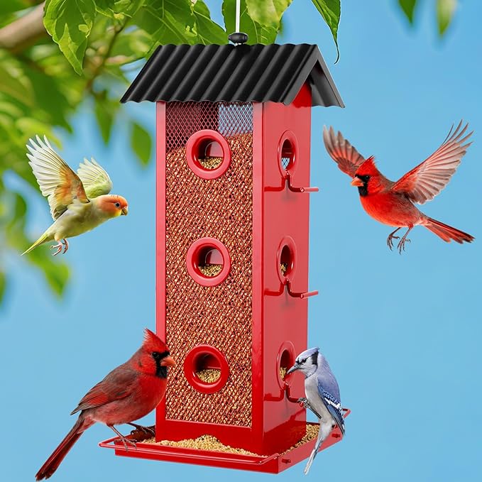 All Metal Bird Feeder for Outdoors Hanging | 14-Port Multi-Bird Viewing | Rust-Proof, Waterproof & Easy-Clean | Attracts Cardinals, Finches, Chickadees & More (Elegant Red & Black)