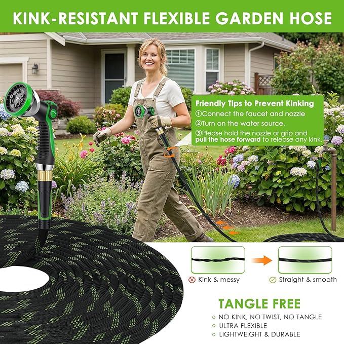 Non-Expanding Garden Hose 50 ft, Lightweight Hose & Flexible Water Hose With 10-Pattern Spray Nozzle, Kink-Free Design, Durable Leakproof Yard Outdoor Hose, Portable Storage Strap, 50 Feet