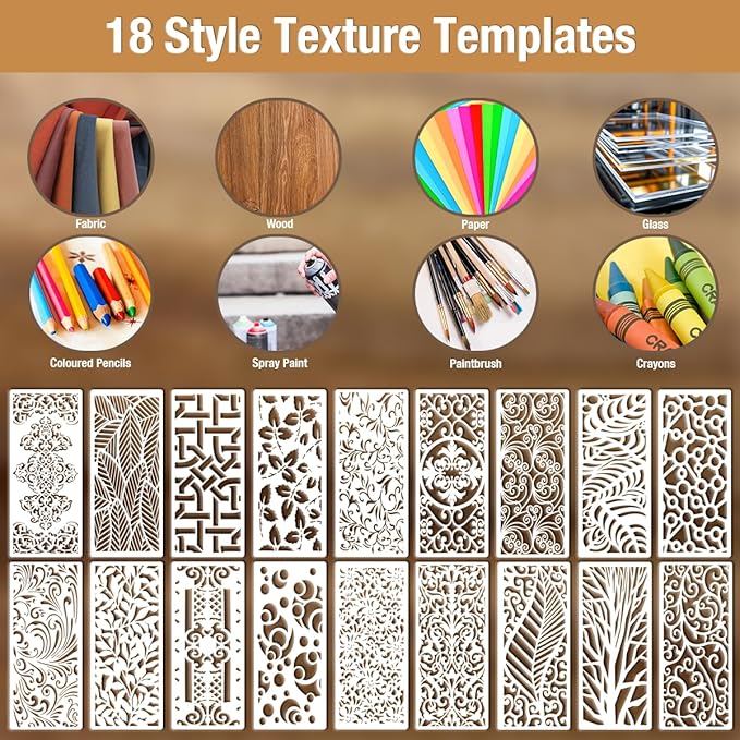 CeeVian Texture Stencils 18 PCS Stencil Painting Reusable Stencil Painting Texture Leaf Tree Brick Striped Background Pattern Stencils for Crafts Wall Shoe Cake Card Canvas Furniture Christmas Gifts