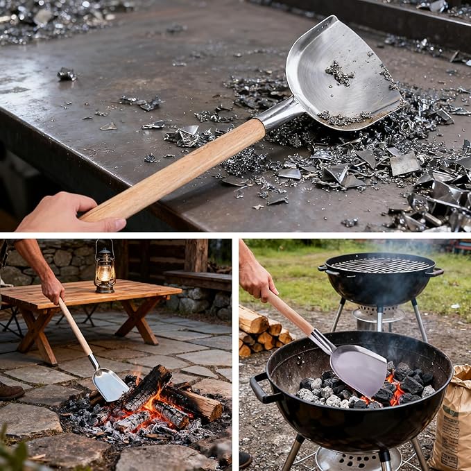 Long Handle Iron Fireplace Shovel, Wood Handle Ash Scoop for Garden, BBQ, Camping