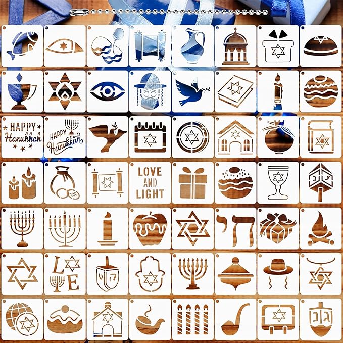 Augshy 56pcs Hanukkah Stencils, Chanukkah Dreidel Menorah Cupcake Stencils for Hanukkah Holiday Baking Painting Dessert Craft Decoration