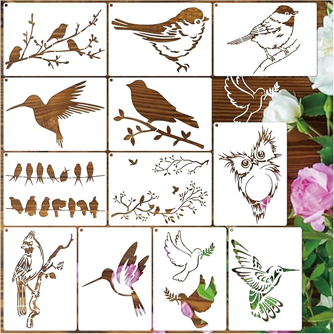 Birds Stencils for Painting on Wood Crafts - Reusable Hummingbird on Tree Branch & Owl Paint Stencil for Card Making, Wall, Fabric, Shirt, Furniture(12 Bird A6)