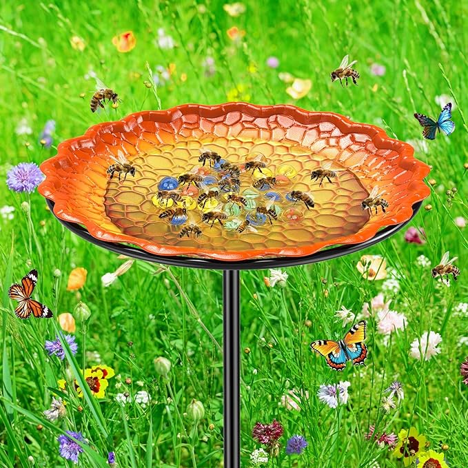 Bee Butterflies Watering Station, Standing Bee Feeder with Glass Marbles for Outside, Bee Bath Feeder with Metal Stakes Butterfly Puddler Garden Yard Déco (Yellow)