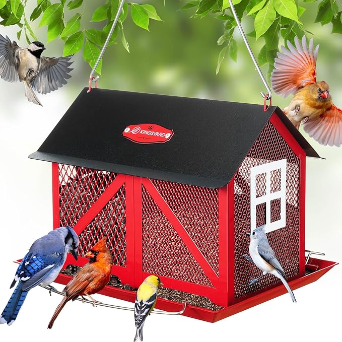 Kingsyard Metal Bird Feeder for Outdoors Hanging, 2-in-1 Wild Bird Feeder with Seed Tray & Built-in Perch, 5 lb Large Capacity for Cardinal Chickadee Finch, Red