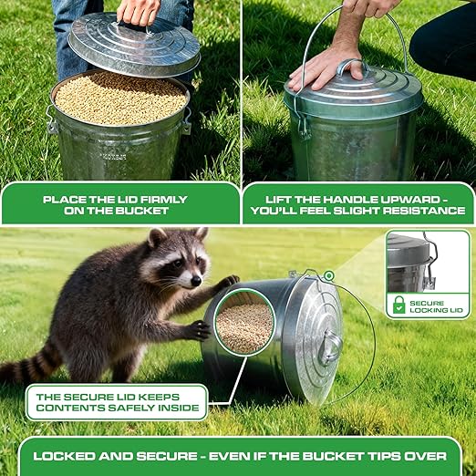 Plexon 6 Gallon Small Metal Trash Can with Lid Outdoor Locking Galvanized Metal Garbage Can with Lid for Poultry Feed Bird Seed Storage Ash Galvanized Bucket