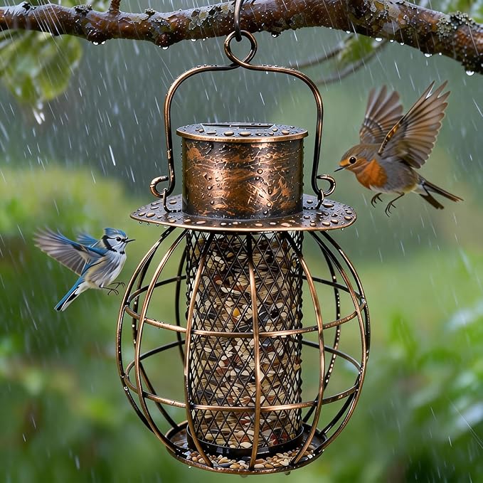 Metal Bird Feeder for Outdoors Hanging,Squirrel Proof Bird Feeder for Wild Birds,Solar Lantern Feeder for Small Birds, Garden Decor for Outside,Unique Gifts for Mom, Grandma (Bronze)