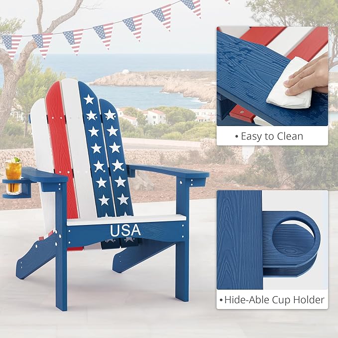 LUE BONA HDPS Adirondack Chairs Set of 2, Fire Pit Outdoor Chair Weather Resistant with Cup Holder, Modern Plastic Chair Plastic for Patio, Deck, Proch, 350LBS, Flag Blue