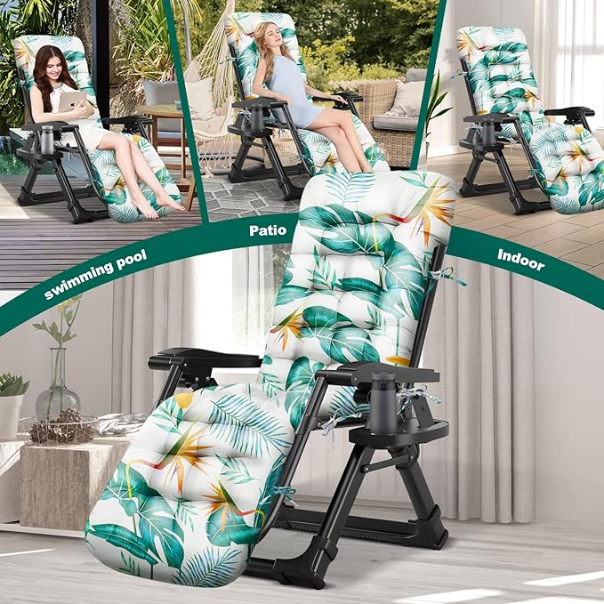 Outdoor Chaise Lounge Chair Cushion Waterproof 66 x 21 x 4 Inches Cotton Lounge Chair Cushions with Ties, Soft Thickened Lounge Chair Cushions for Indoor Outdoor Furniture (Yellow-green Leaf)