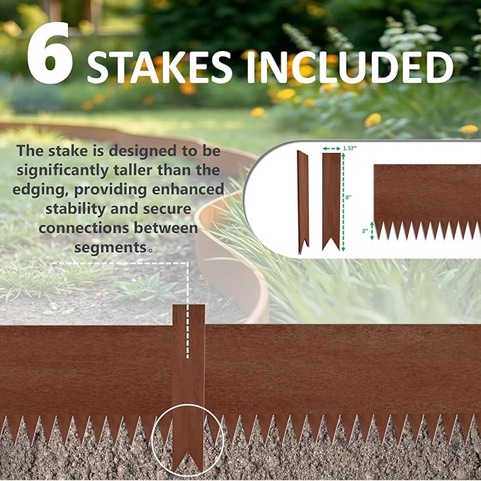 20ft. 6-Pack Cor-Ten Steel Landscape Edging - 40" L x 6" H Metal Edging for Landscaping with 6 Stakes, Hammer-in Garden Edging, Metal Landscape Edging for Flower beds, Lawn & Yard (Rusted)