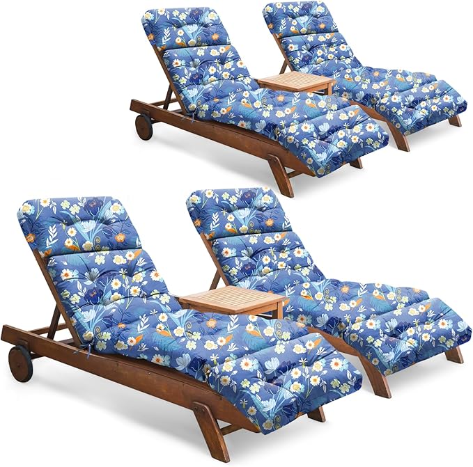 Outdoor Chaise Lounge Chair Cushion Set of 4, Waterproof 74.4 x 22 x 4.7 Inches Memory Foam Thickened Lounge Chair Cushions Replacement for Outdoor Furniture with Ties, Blue Floral