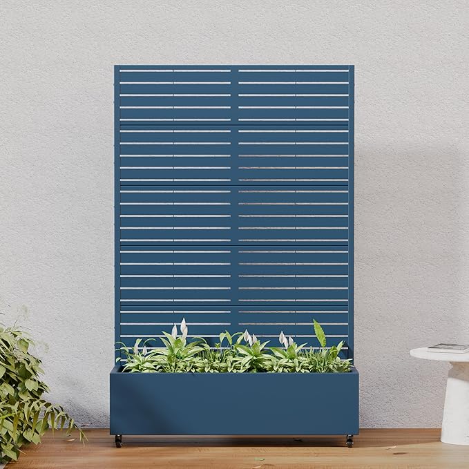 Casaphoria Metal Raised Garden Bed with Trellis and Wheels, 72"x47"x16" Planter Box for Climbing Plants, Vegetables & Vines, Features Drainage Holes and Privacy Screen, Blue-Louvered