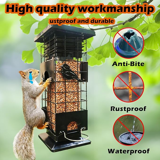 Squirrel Proof Bird Feeders for Outdoors Hanging, Metal Wild Bird Feeder with 4 Feeding Ports | 2.5 LB Capacity, Weather-Resistant for Year-Round Use,Dark Grey
