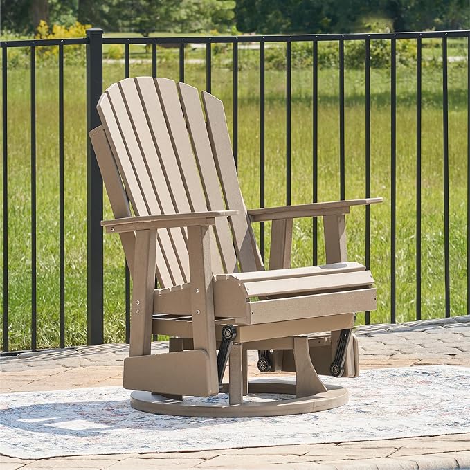 Signature Design by Ashley Hyland Wave Contemporary Swivel Glider Adirondack Chair with 360-Degree Swivel, Weather Resistant HDPE, 18" Seat Height, Brown