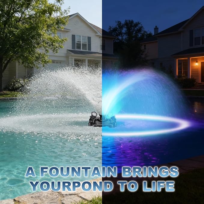 Upgraded Pond Fountain Aerator with 4 Color-Changing Mood Lights, 1HP 750W 110V 15000 GPH, Stainless Steel Body, 100ft Cord & Timer for Ponds & Lakes