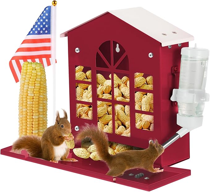 Metal Squirrel Feeder for Outside, Hanging Squirrel House for Outdoors with Water Bottle, Flag and Corn Cobs Holder, Peanut Feeder for Chipmun，Red