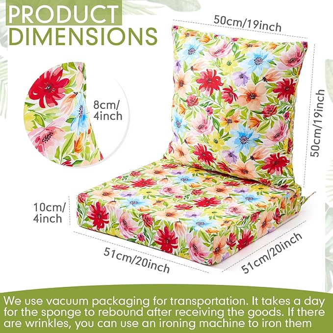 Hoteam 4 Set Outdoor Chair Patio Cushions Deep Seat Waterproof Chair Cushions 20 x 20 Inch for Patio Furniture Set Replacement Removable Seat and Back(Bright Flower)