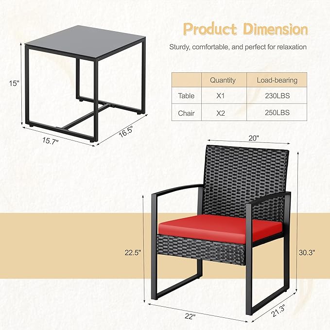 Greesum 3 Piece Wicker Conversation Bistro Sets Outdoor Patio Set Modern Rattan Chair Furniture Sets with Coffee Table for Yard Garden Porch Lawn (Red)