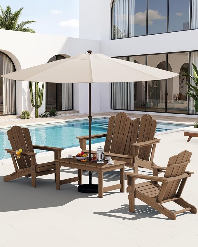 SERWALL 4 Pieces HDPE Patio Adirondack Chair Set, 2 Adirondack Chair with Cup Holder & 1 Adirondack Bench & 1 Coffee Table with Umbrella Hole, Brown