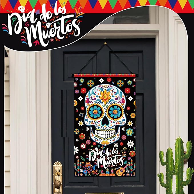 Tegeme 3 Pcs Day of The Dead Door Sign Flag Dia De Los Muertos Front Door Decoration Halloween Hanging Decor Banner Wall Flag Ornaments for Party Supplies Home Outdoor Indoor