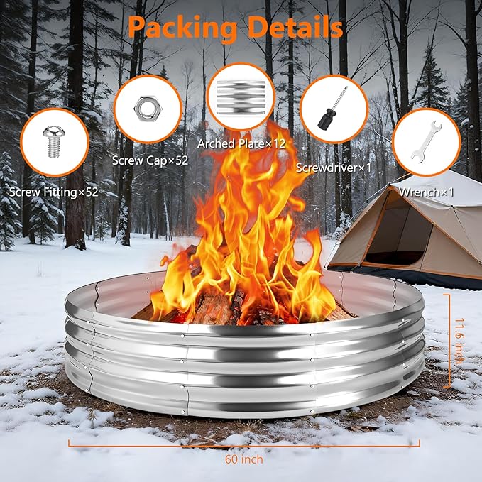 60 Inch Large Round Fire Ring Pit, Outdoor Bonfire Rings for Wood Burning, Galvanized Steel Fire Pit Portable for Backyard, Camping, Patio, Beach (5×5×1 FT, White)