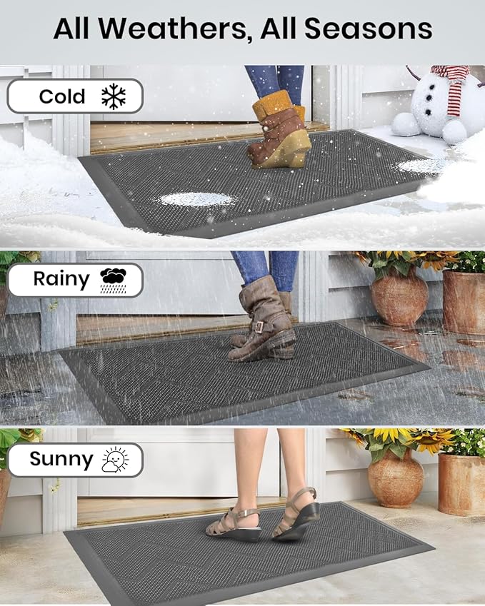 Long Front Door Mat for Outside Entrance 35.5"x17" – Anti-Slip Dirt-Trapping Waterproof Rubber Indoor & Outdoor Mat with Textured Surface for Entryway - Heavy Duty All Weather Doormat – Grey