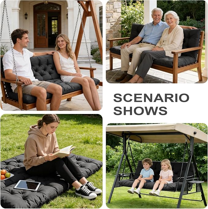 Porch Swing Cushions,Outdoor Cushions 3 Seater Replacement with Backrest, Waterproof Thickened Bench Cushion with Ties for Porch, Patio,Outdoor, Backyard and Garden (Black 40 * 40 in)