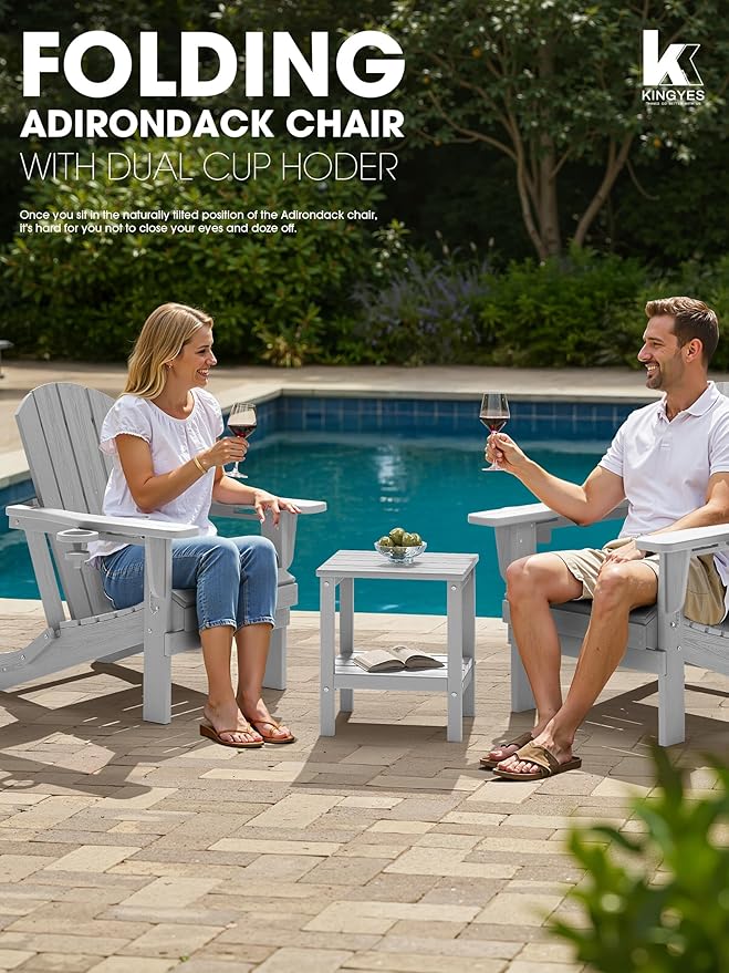 KINGYES Folding Adirondack Chair with Dual Cup Holders - HDPE All-Weather Outdoor Chairs, Wood-Like Patio Chair for Backyard, Camping, Pool & Fire Pit, Silver Grey