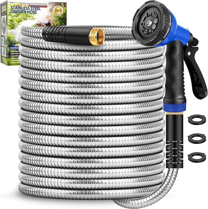 Garden Hose 75 ft, Stainless Steel Metal Water Hose with Adjustable 10-Mode Spray Nozzle, Lightweight Hose, No Kink, Leak-proof, Puncture Resistant for Yard, Outhood, RV
