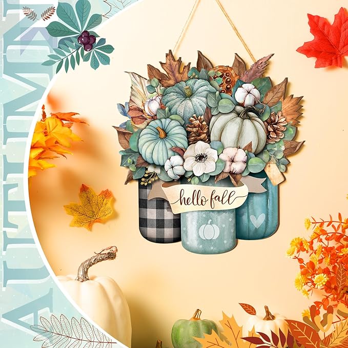 Boao Blue Thanksgiving Door Decorations for Home Thanksgiving Decor Pumpkin Plaid Hanging Sign Wooden Front Door Hanger for Autumn Harvest Fall Porch Indoor Outdoor Home Decorations