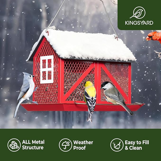 Kingsyard Metal Bird Feeder for Outdoors Hanging, 2-in-1 Wild Bird Feeder with Seed Tray & Built-in Perch, 5 lb Large Capacity for Cardinal Chickadee Finch, Red