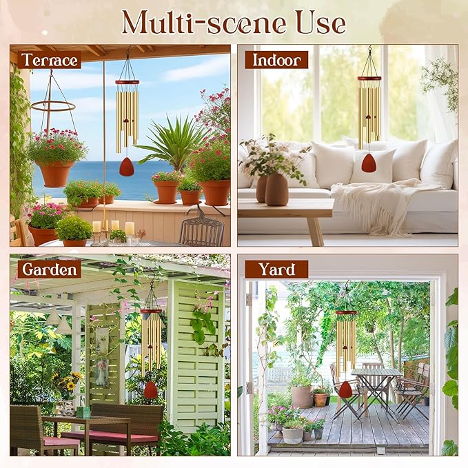 Leinuosen Wind Chimes for Outside Wind Chimes Outdoors Deep Tones 28" with 6 Aluminum Tubes Memorial Sympathy Windchime for Valentine Tree Decor Garden Courtyard Mom Loved One Gifts(Classic,Gold)