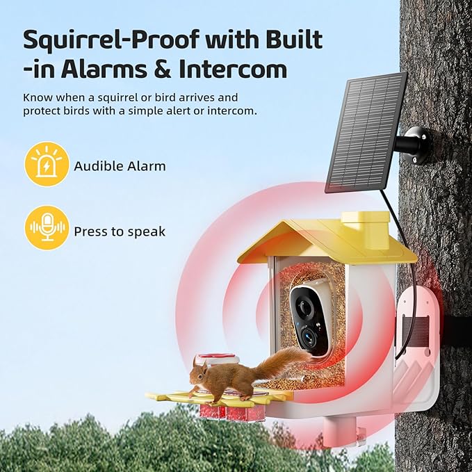 Bird Feeder with Camera 2K HD AI Smart Identify BirdSpecies Solar Panel Outdoors Birdhouse with Cam, Instant Arrival Alerts, Capture BirdVideo, Gifts for Mom Dad (Yellow)